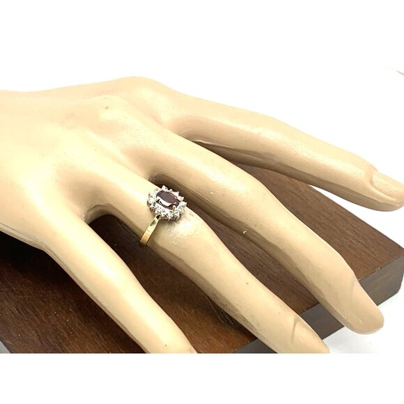 Red Gemstone Diamond Cocktail Ring 10k Yellow Gold Women's Estate Size 6.25 - Picture 5 of 13